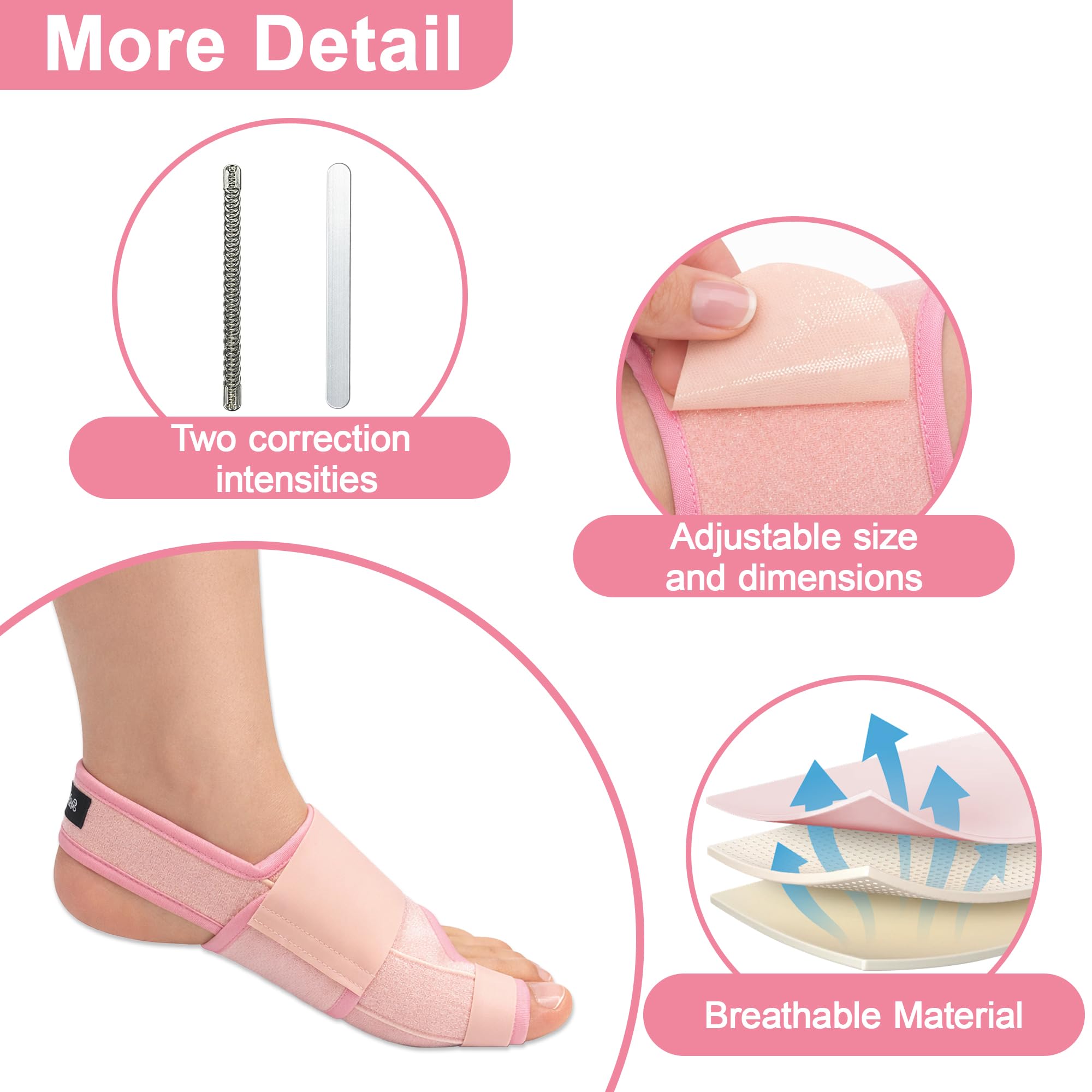 SPRING SEAON 2-Pack Bunion Corrector for Women & Men, Interchangeable 2-Level Stiffness Plates, Adjustable Big Toe Splint Toe Brace for Hallux Valgus, Day/Night Support, Toe Straightener (Pink) - Image 6