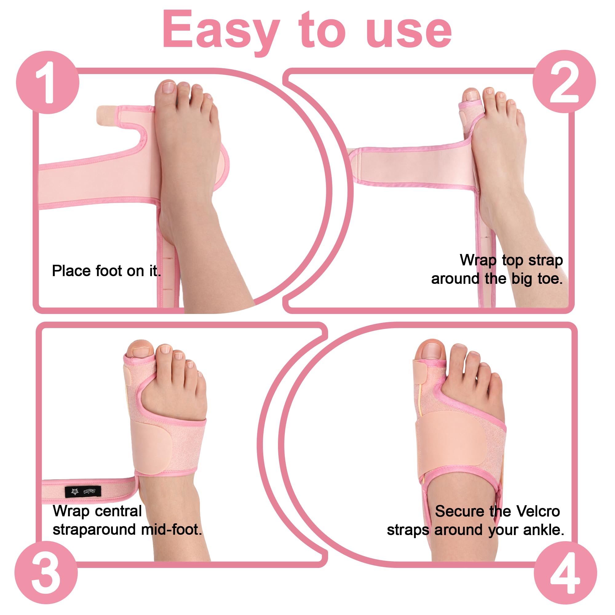 SPRING SEAON 2-Pack Bunion Corrector for Women & Men, Interchangeable 2-Level Stiffness Plates, Adjustable Big Toe Splint Toe Brace for Hallux Valgus, Day/Night Support, Toe Straightener (Pink) - Image 7