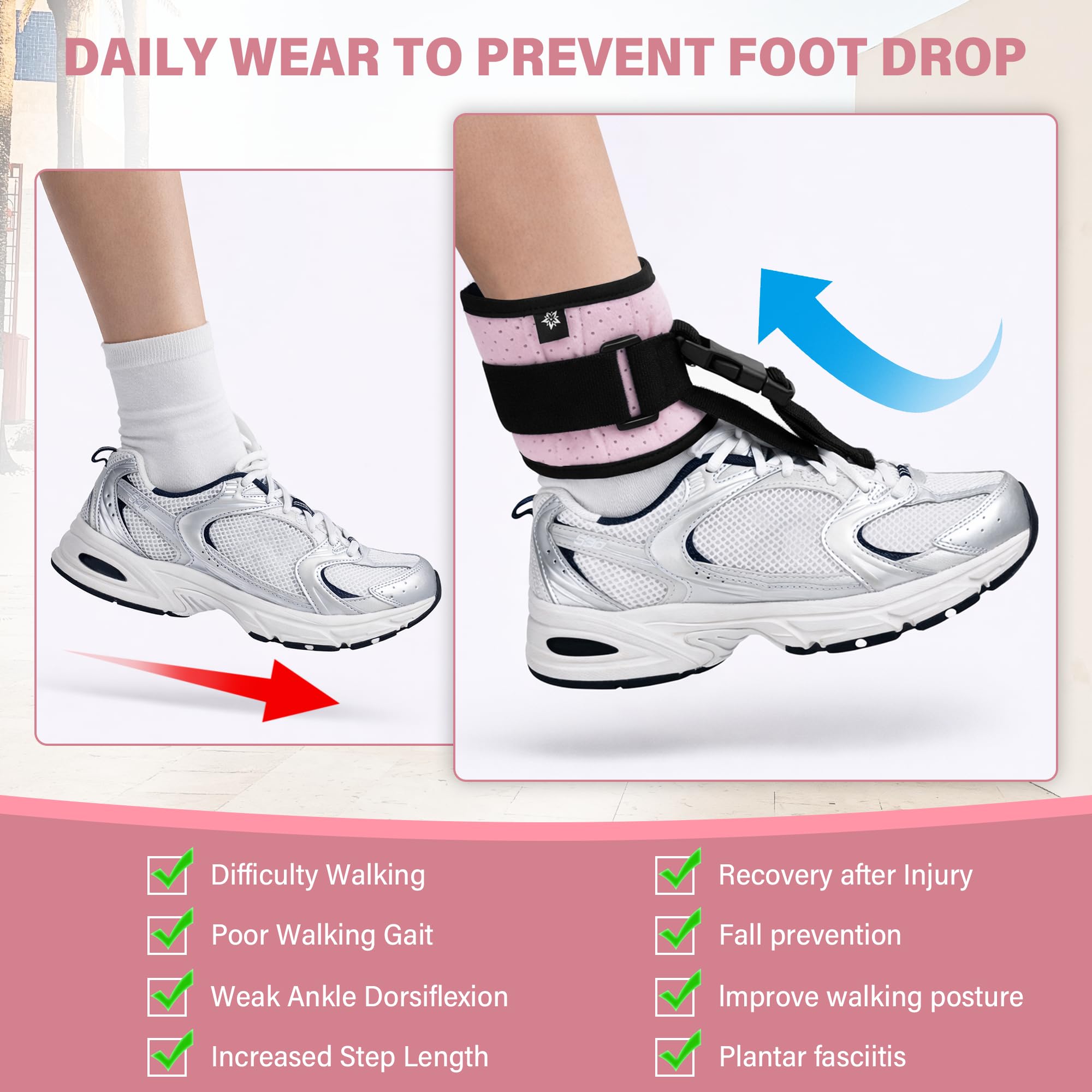 SPRING SEAON Adjustable AFO Foot Drop Brace - Unisex Left/Right Foot Up for walking with Shoes, Comfort Cushion and Wrap Compression - Improves Gait & Prevents Foot Drop/Ankle Sprains(Pink) - Image 4