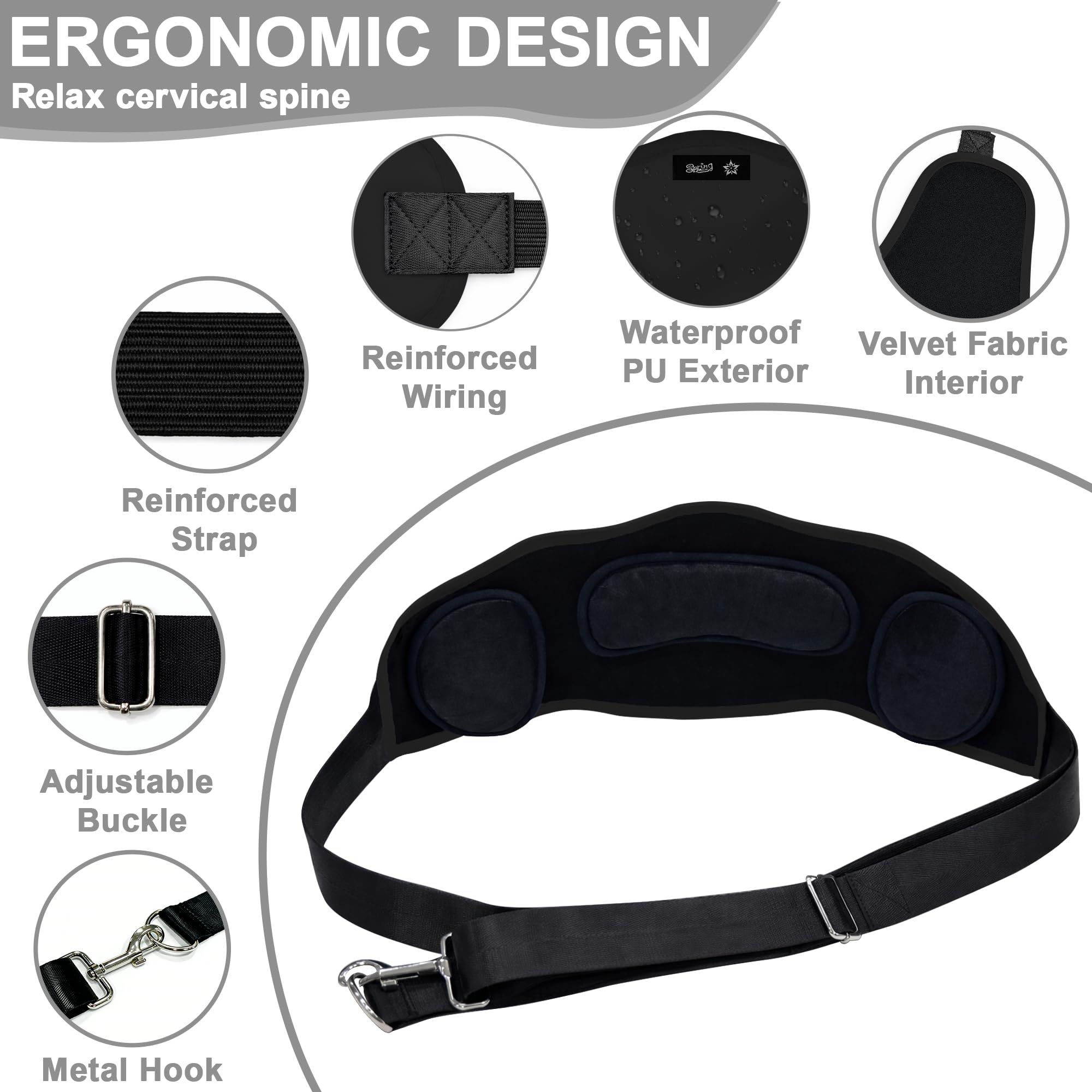 SPRING SEAON Adjustable Neck Hammock Neck Stretcher,Cervical Traction Device for Neck Decompression, Pinched Nerve Relief,Portable Release Buckle,Cervical Pillow and 2 Ear Pads Home & Office(Black) - Image 3