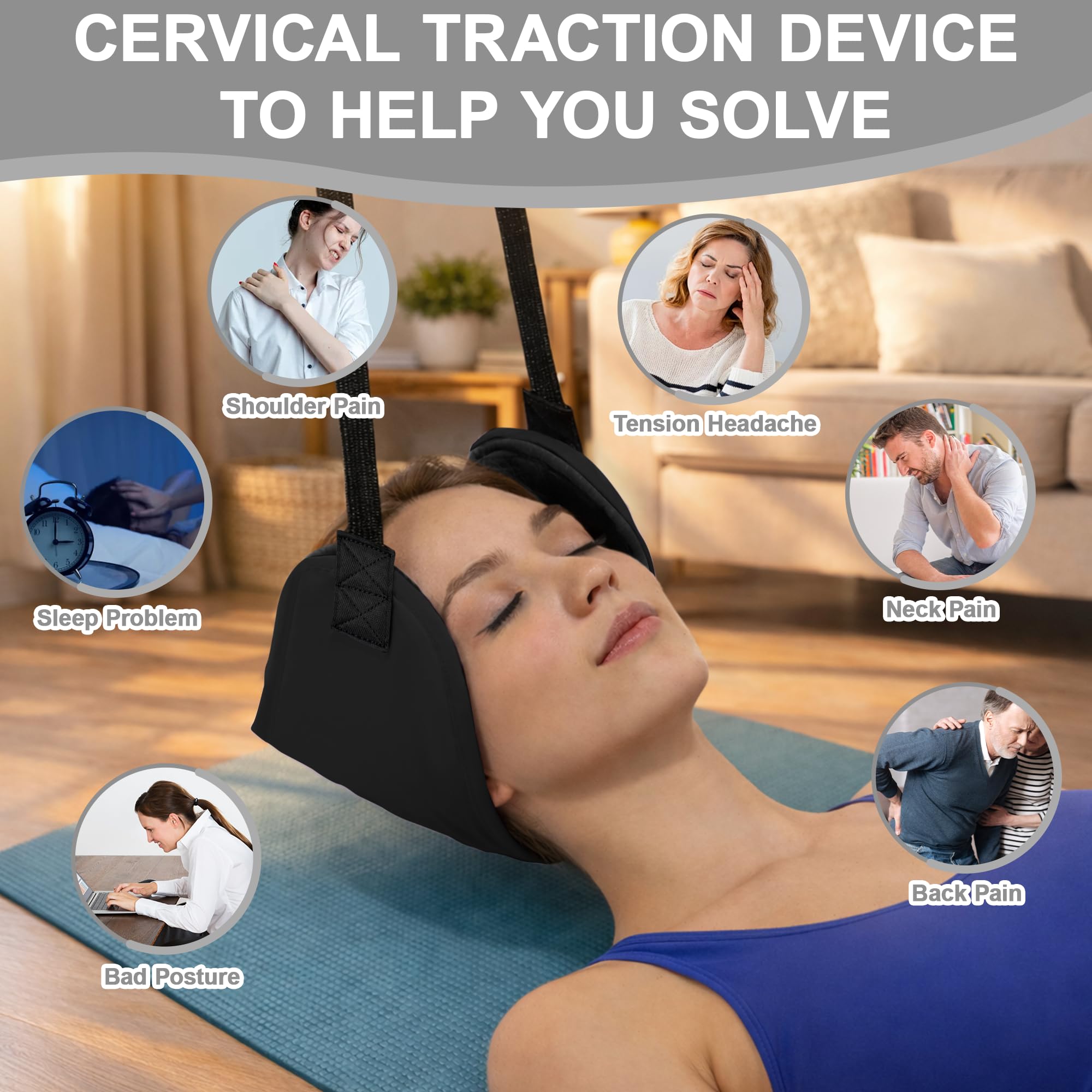 SPRING SEAON Adjustable Neck Hammock Neck Stretcher,Cervical Traction Device for Neck Decompression, Pinched Nerve Relief,Portable Release Buckle,Cervical Pillow and 2 Ear Pads Home & Office(Black) - Image 6