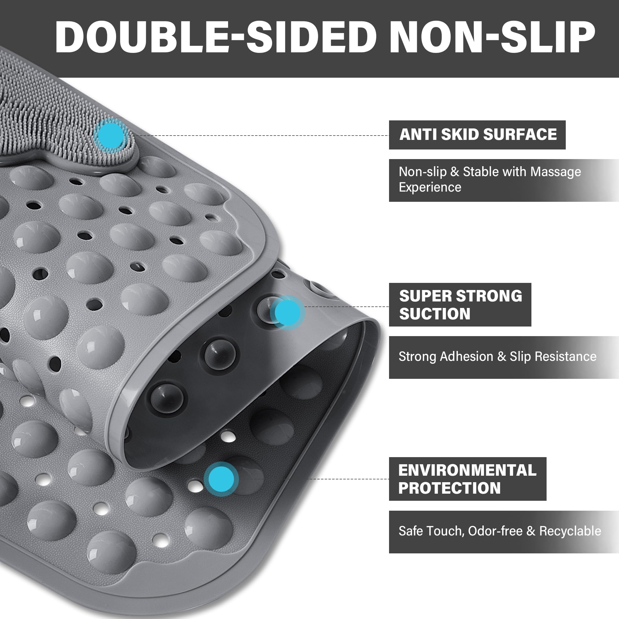 SPRING SEAON Bath and Shower Safety Mat 28" x 16" - Silicone Non-Slip Mat with Brush Massage, More Suction Cups, Drainage Holes - Foot Scrubber for Deep Cleaning, Fits Bathroom Stall & Tub Floor(Gray) - Image 3