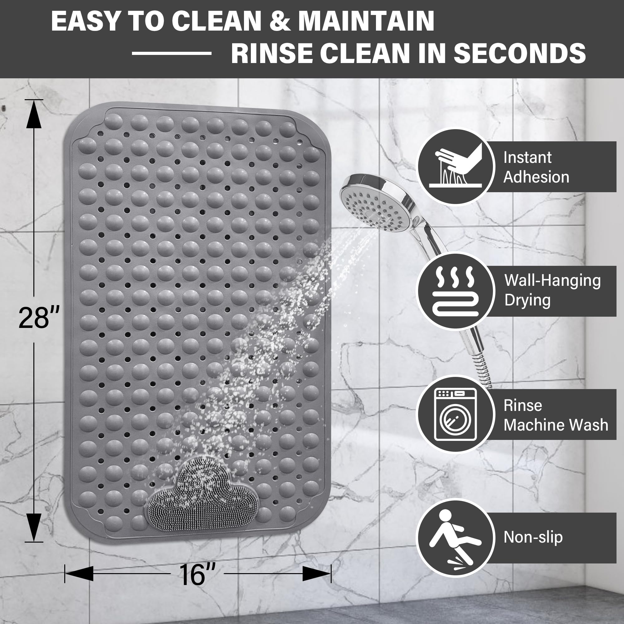SPRING SEAON Bath and Shower Safety Mat 28" x 16" - Silicone Non-Slip Mat with Brush Massage, More Suction Cups, Drainage Holes - Foot Scrubber for Deep Cleaning, Fits Bathroom Stall & Tub Floor(Gray) - Image 4