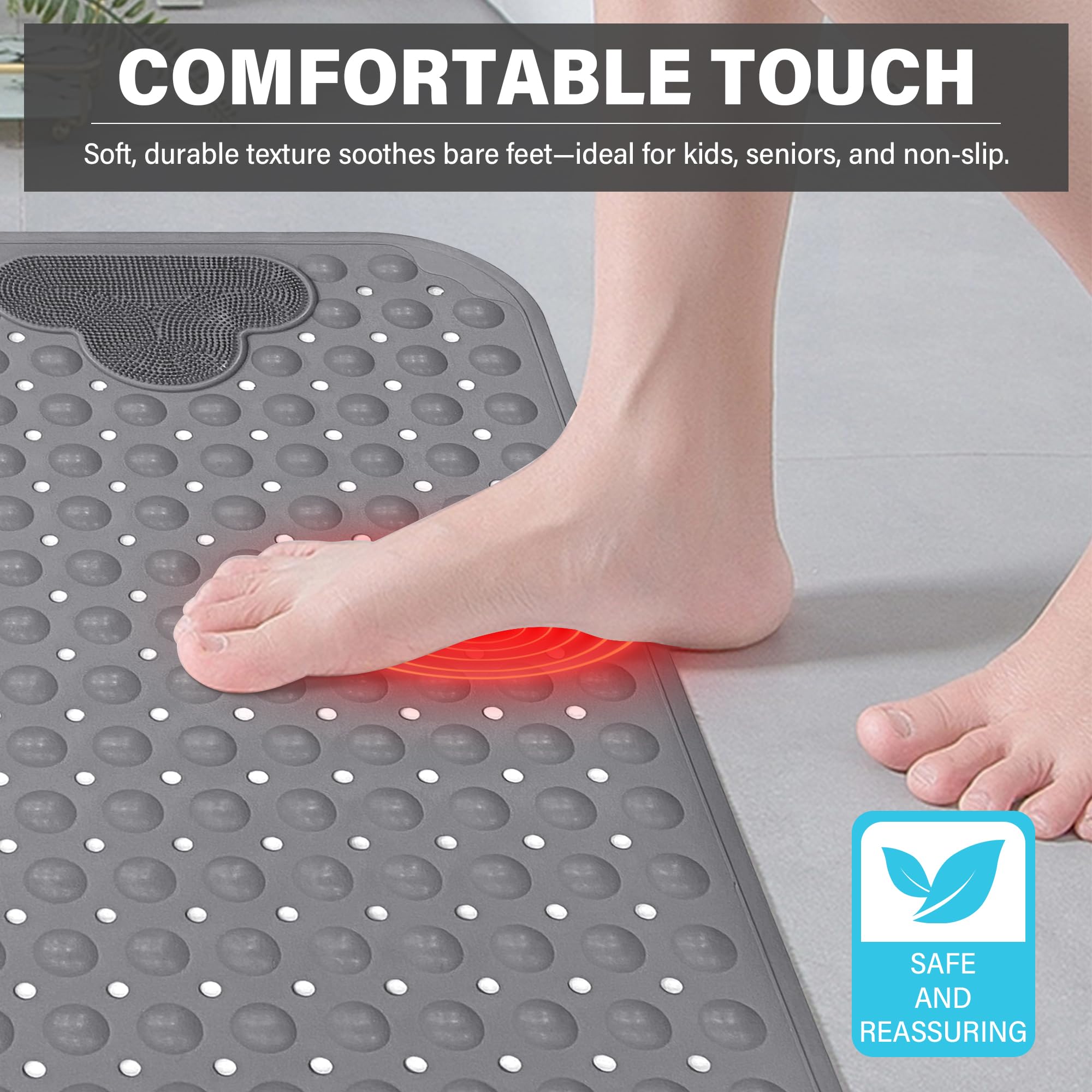 SPRING SEAON Bath and Shower Safety Mat 28" x 16" - Silicone Non-Slip Mat with Brush Massage, More Suction Cups, Drainage Holes - Foot Scrubber for Deep Cleaning, Fits Bathroom Stall & Tub Floor(Gray) - Image 5