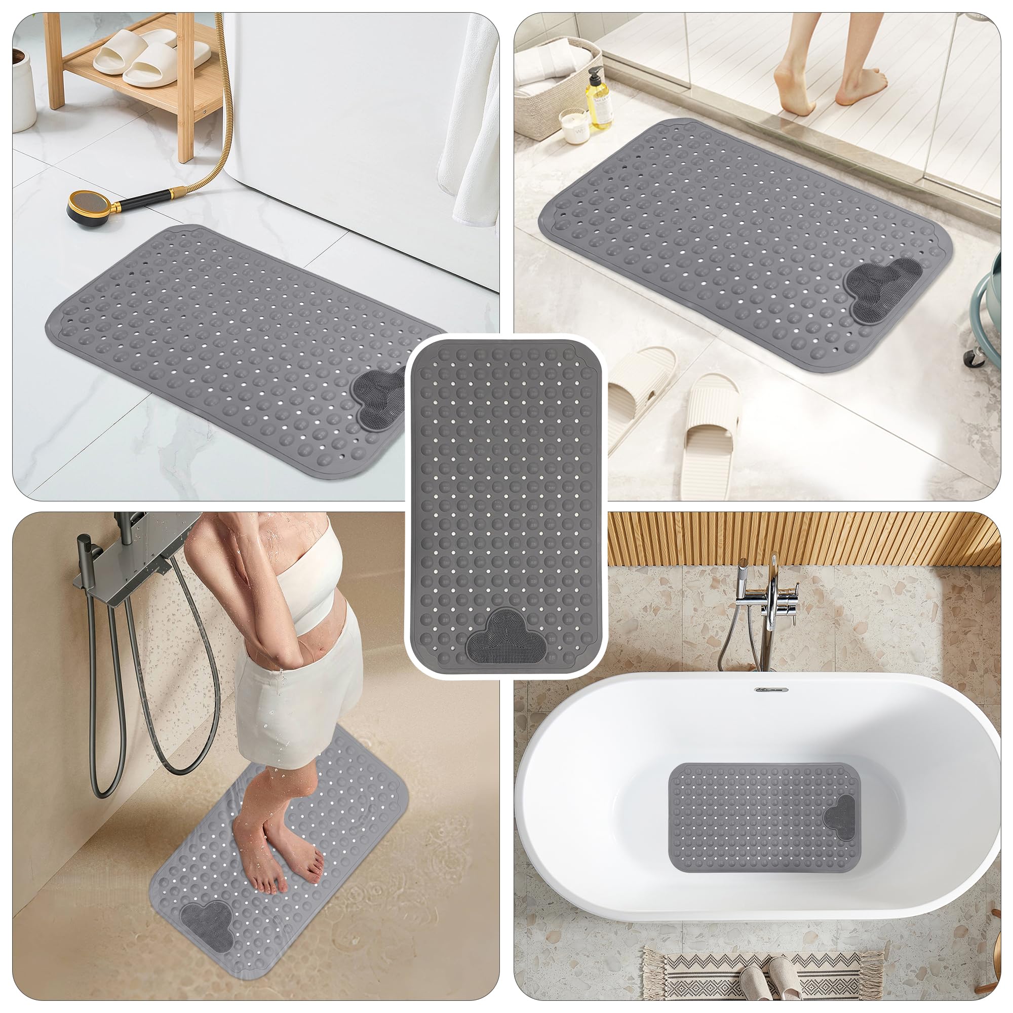 SPRING SEAON Bath and Shower Safety Mat 28" x 16" - Silicone Non-Slip Mat with Brush Massage, More Suction Cups, Drainage Holes - Foot Scrubber for Deep Cleaning, Fits Bathroom Stall & Tub Floor(Gray) - Image 7