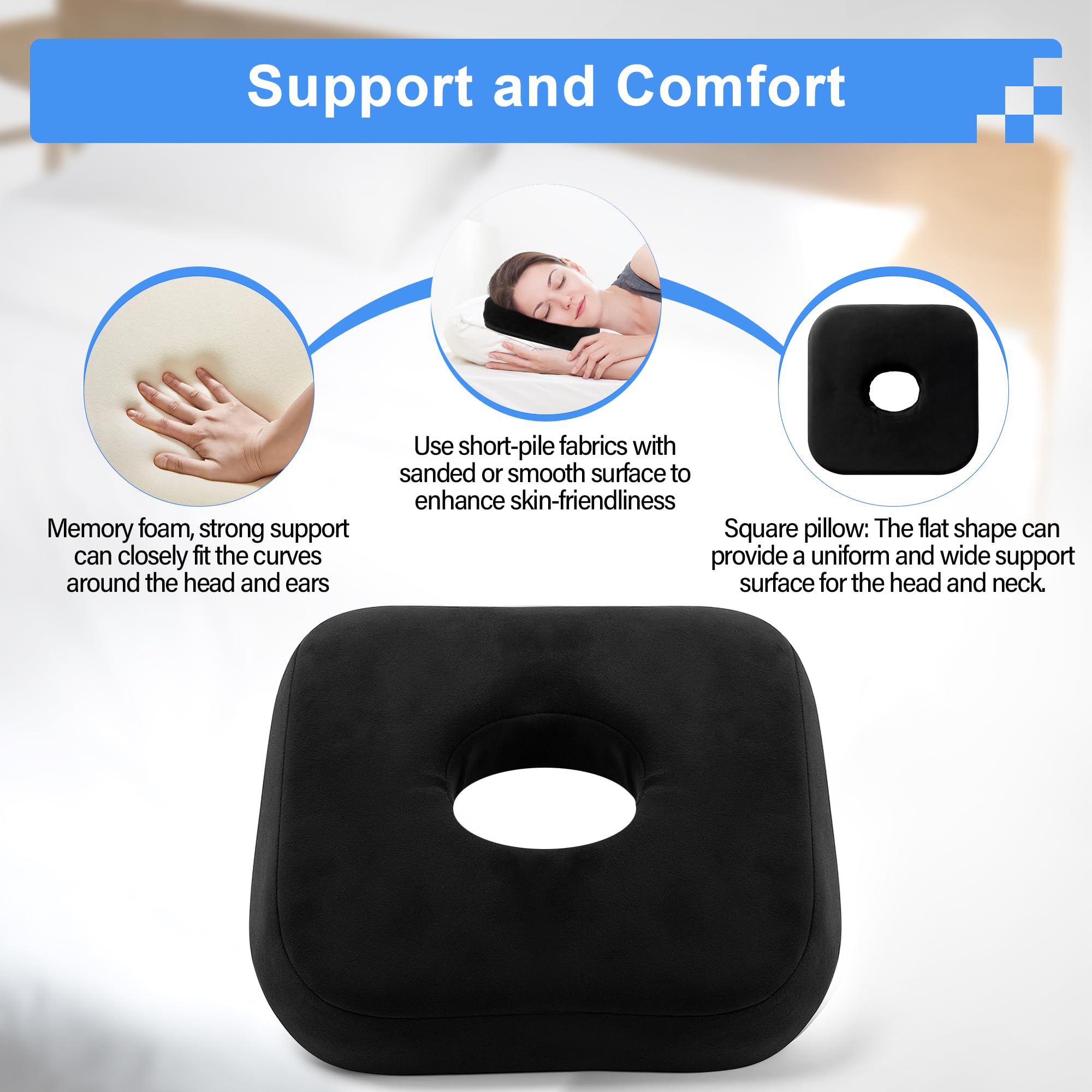 SPRING SEAON Ear Piercing Pillow for Side Sleepers - Memory Foam with an Ear Hole for CNH and Ear Pain Piercing Pain Relief Sleeping Pressure Sores Ear Guard Pillow 9x9 Inch Pierced Ears Support - Image 3