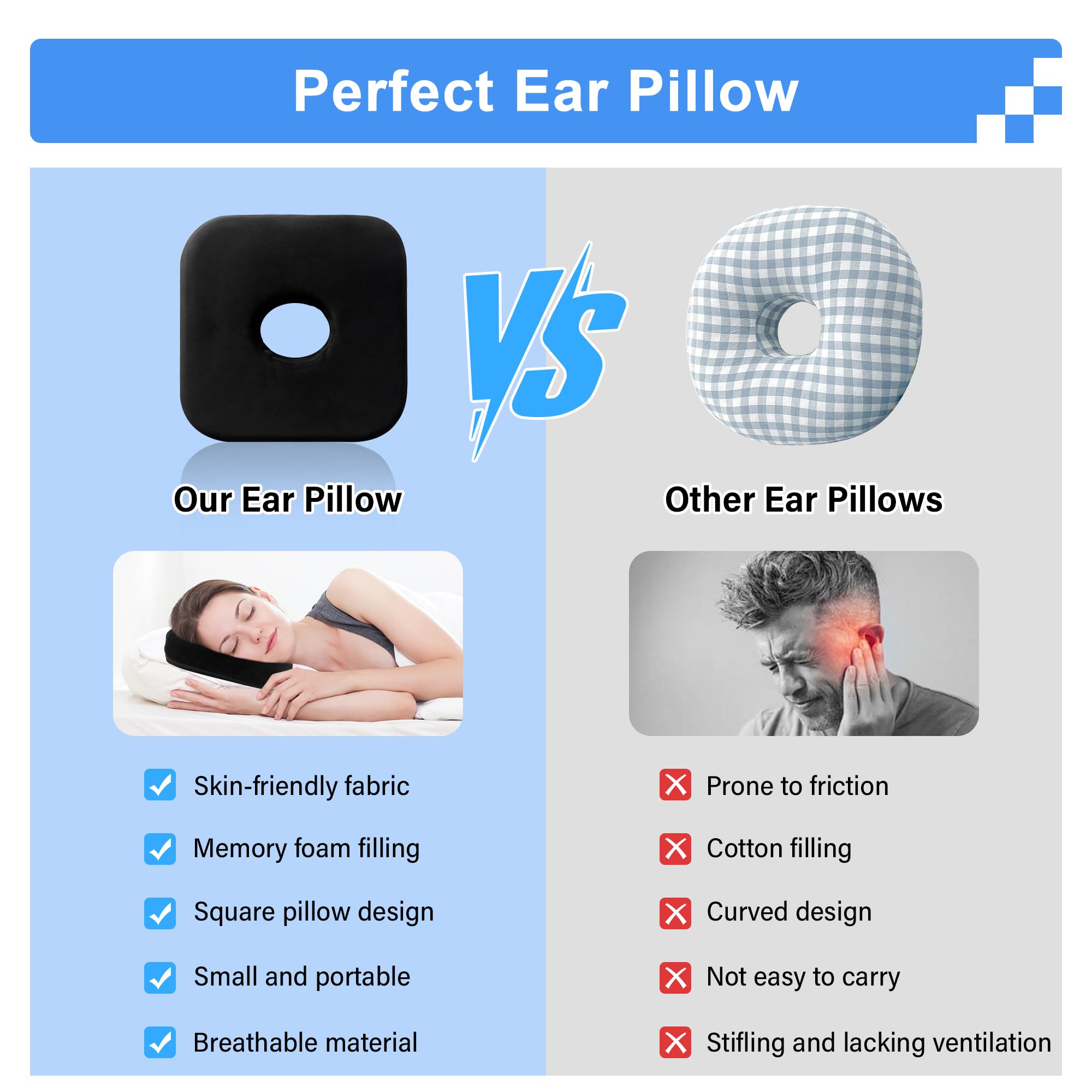 SPRING SEAON Ear Piercing Pillow for Side Sleepers - Memory Foam with an Ear Hole for CNH and Ear Pain Piercing Pain Relief Sleeping Pressure Sores Ear Guard Pillow 9x9 Inch Pierced Ears Support - Image 5