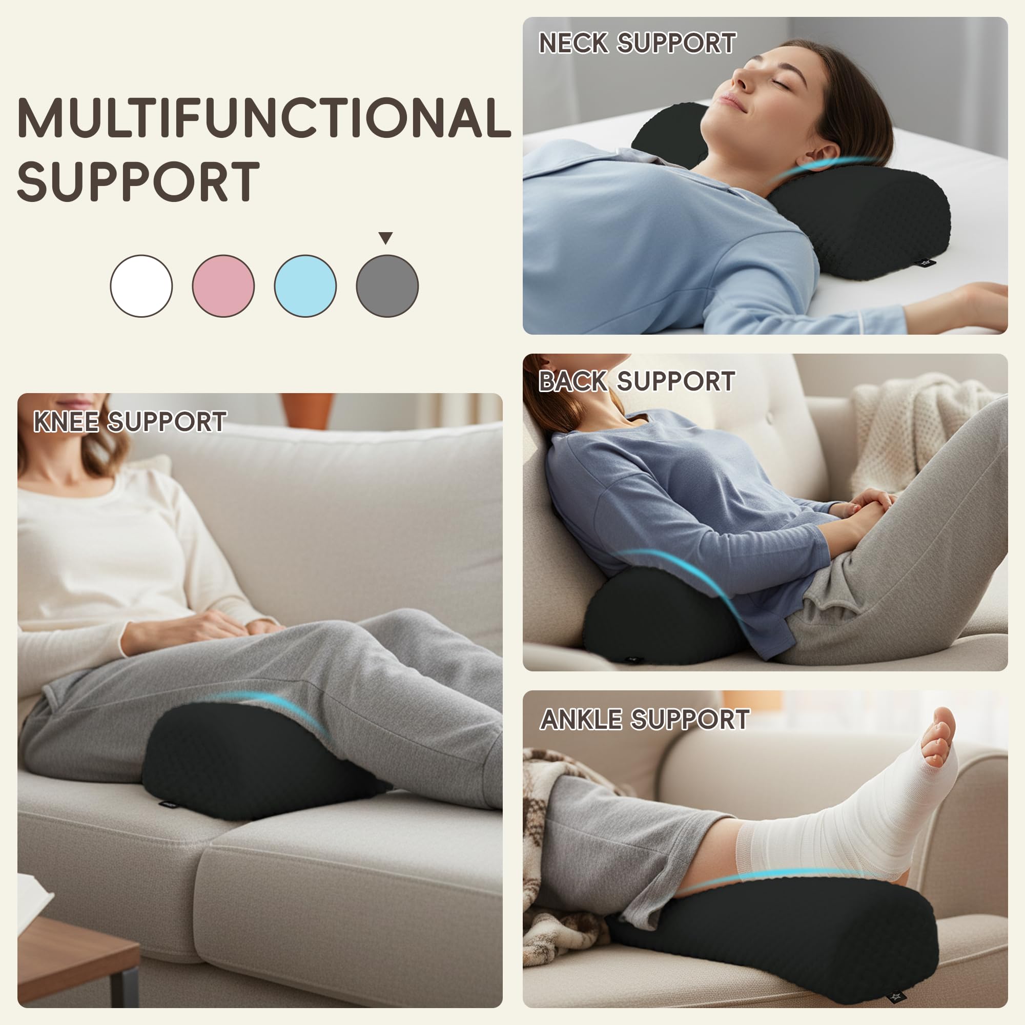 SPRING SEAON Half Moon Bolster Knee Pillow for Back Sleeping Memory Foam Leg Pillow for Ankle and Foot Comfort Under Knee Pillow for Side Sleepers Machine Washable Cover(17" x 7.5" x 4.3") - Image 6