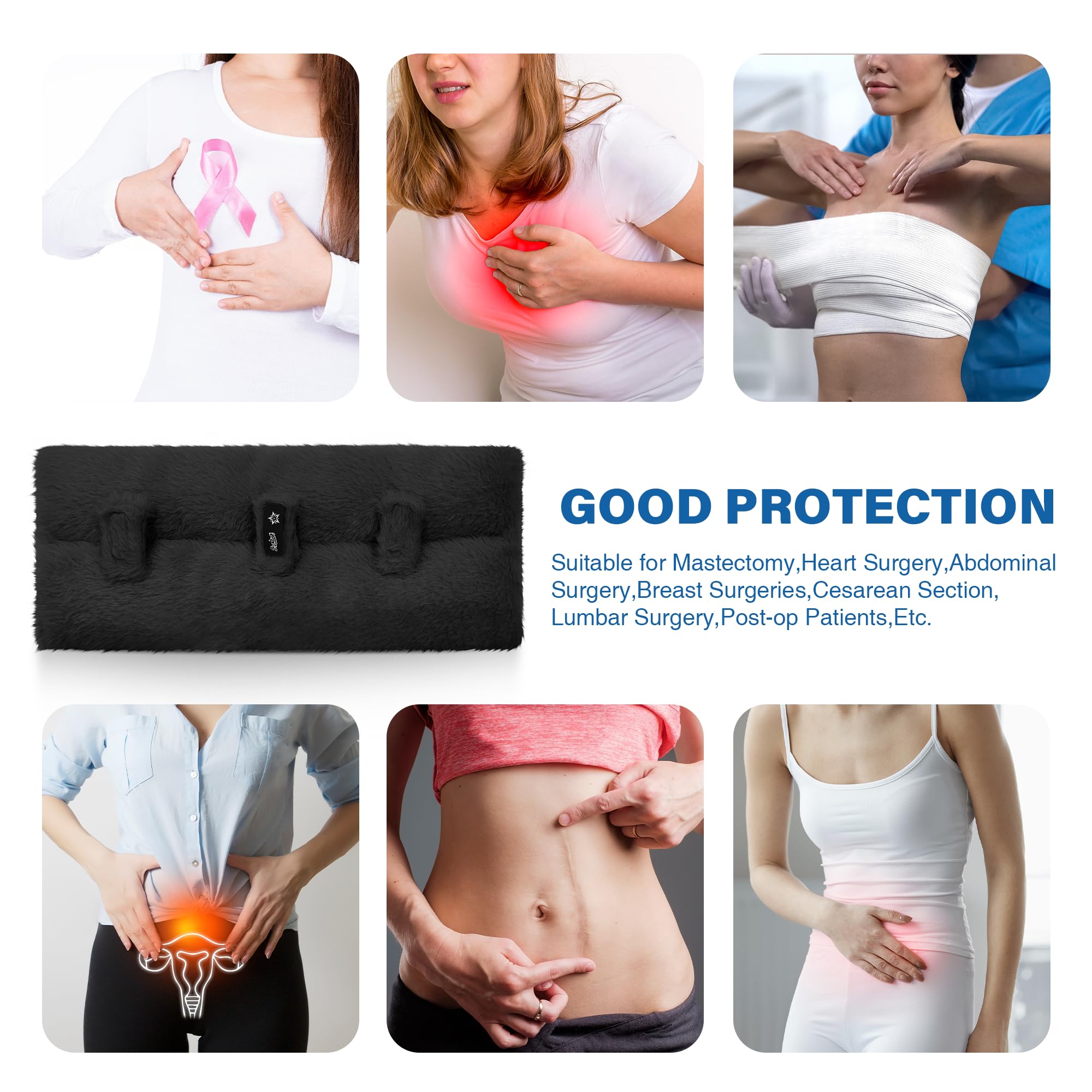 SPRING SEAON Hysterectomy Seat Belt Pillow with Pocket for Ice/Hot Packs, Fluffy Soft Mastectomy Surgery Pillow, Machine Washable Chemo Port Pillow for Heart Surgery Recovery (Black) - Image 4