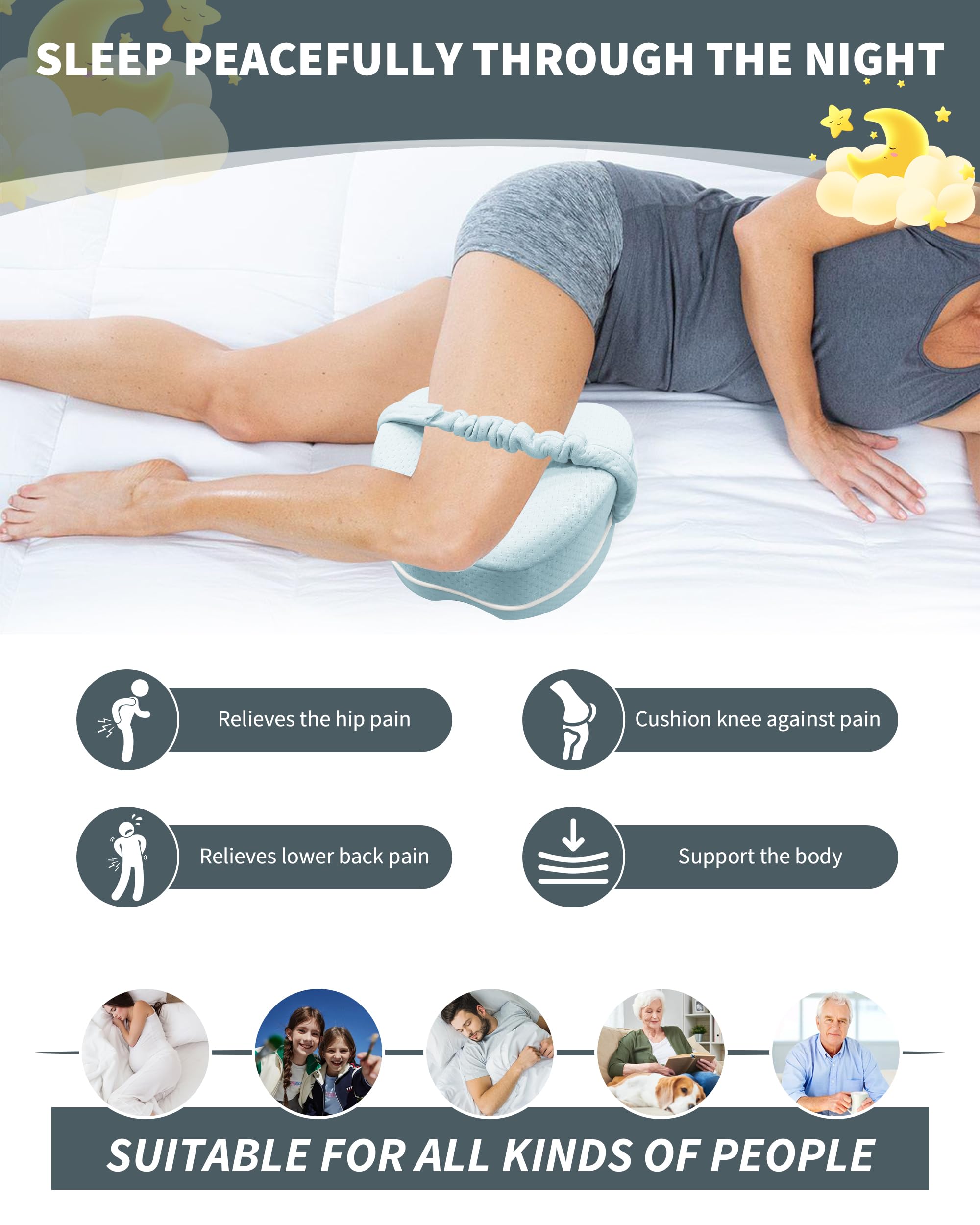 SPRING SEAON Knee Support Pillow for Side Sleepers – Deep Contour Memory Foam Leg Pillow with Adjustable Strap for Sciatica, Hip, Back & Knee Pain Relief – Breathable, Washable Cover, Blue - Image 3