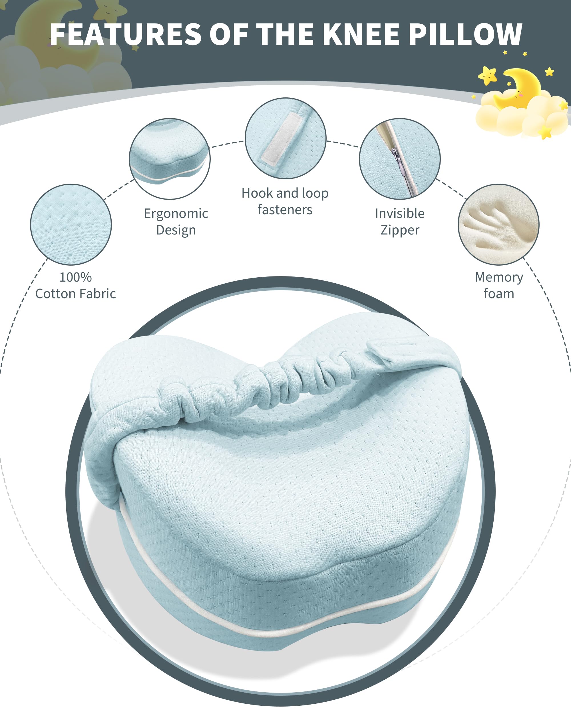 SPRING SEAON Knee Support Pillow for Side Sleepers – Deep Contour Memory Foam Leg Pillow with Adjustable Strap for Sciatica, Hip, Back & Knee Pain Relief – Breathable, Washable Cover, Blue - Image 4