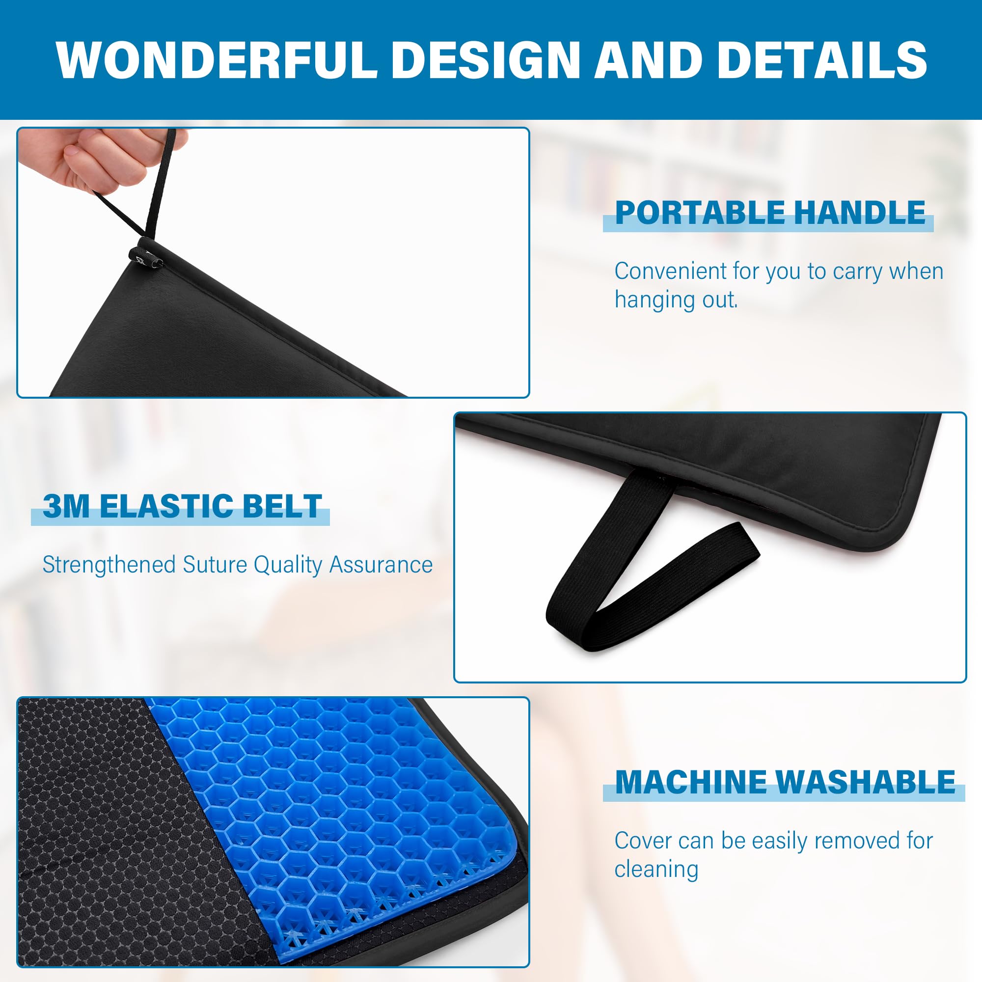 SPRING SEAON Large Gel Seat Cushion for Pressure Relief – Honeycomb Buffer Design with Extra Thick Filling, Anti-Slip Bottom, Perfect for Long Sitting, Travel, Airplane and Daily Comfort (Black) - Image 7