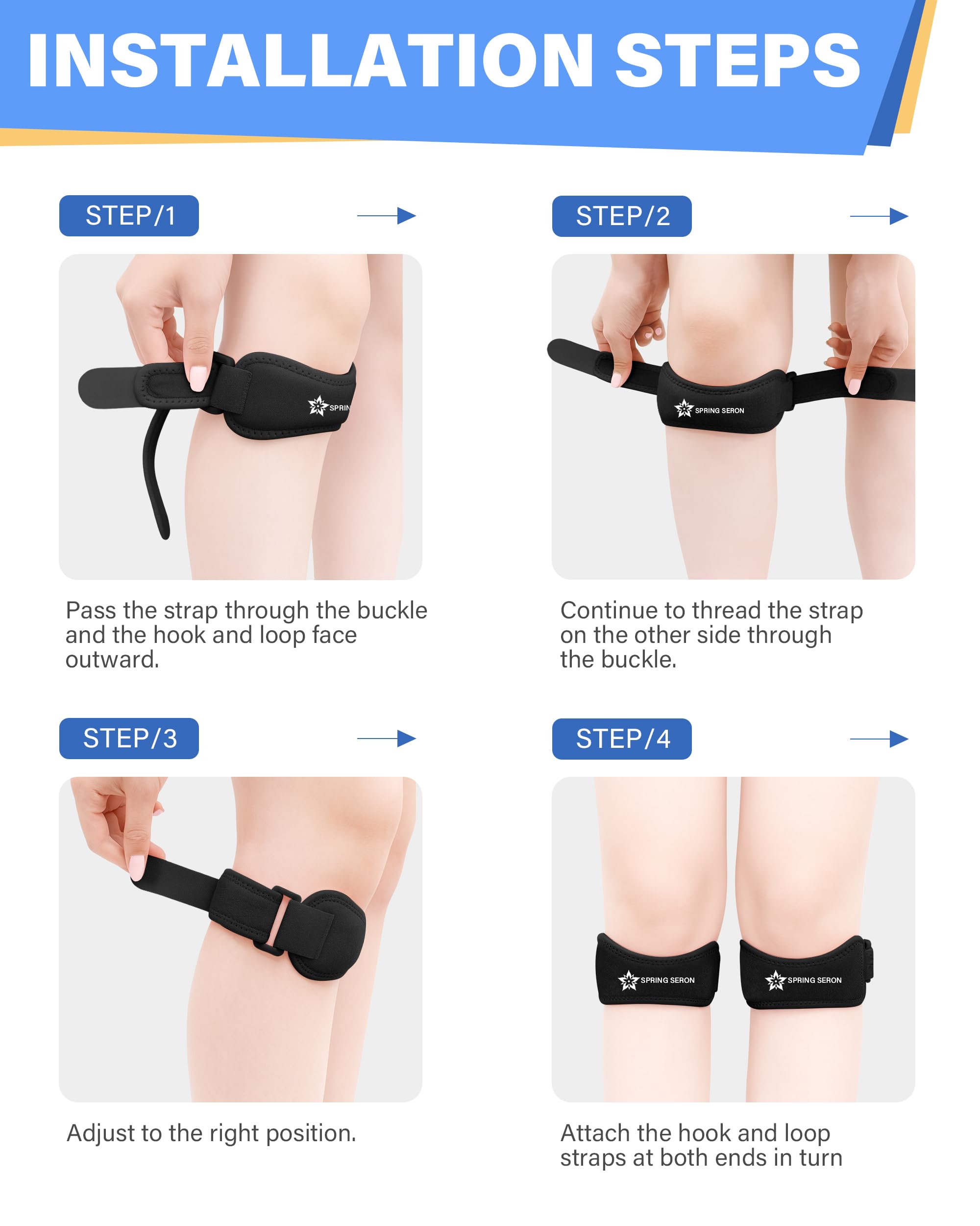 SPRING SEAON Patella Knee Strap 2 Pack, Adjustable Patellar Tendon Support Band, Knee Brace Strap for Knee Pain Relief, Running, Basketball, Volleyball, Hiking, Squats, Youth & Adults (Black) - Image 5