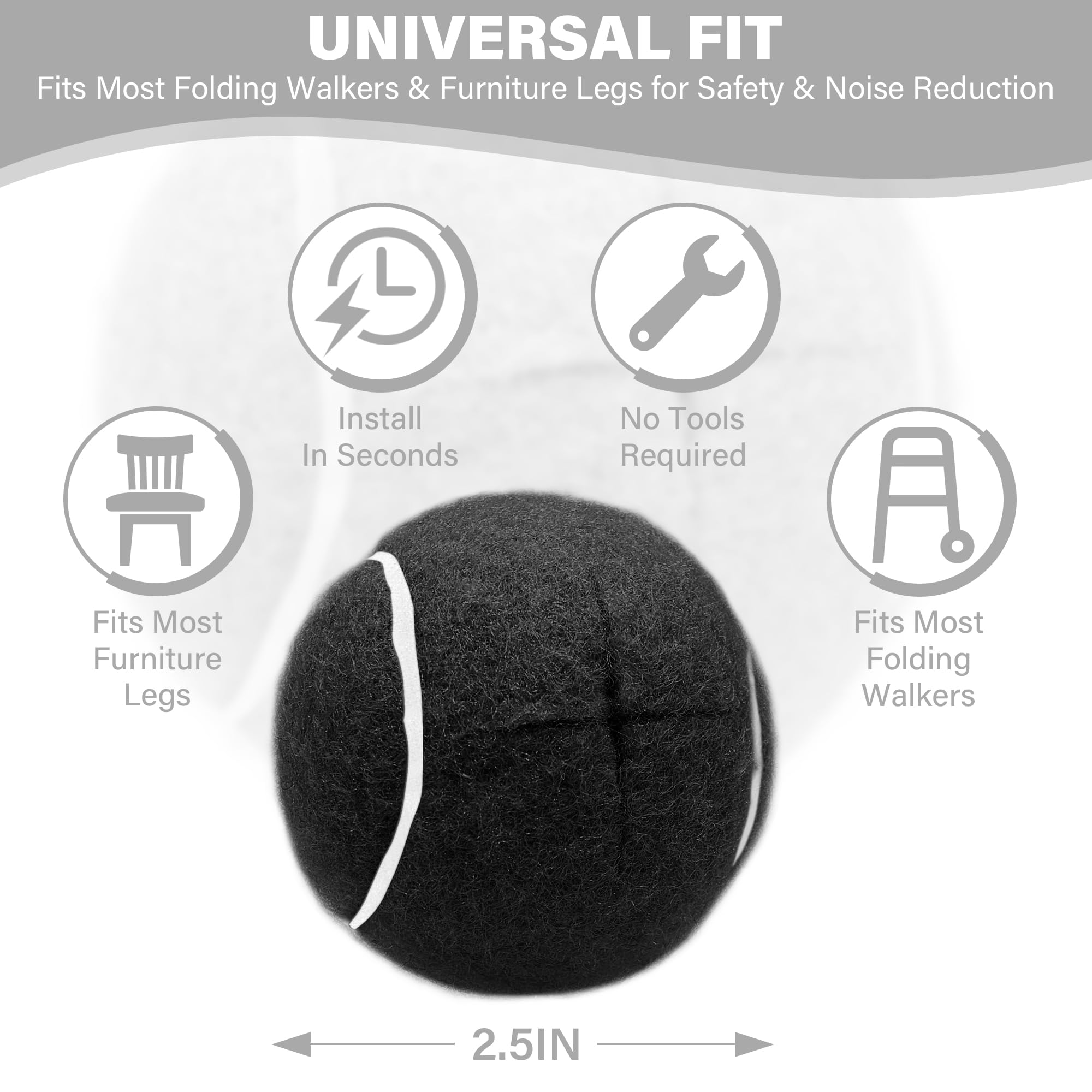 SPRING SEAON Precut Tennis Balls 4 Pcs for Walker Legs- Universal Glide Balls for Folding Rolling Walkers, Walker Accessories,Furniture Legs and Floor Protection Heavy Duty Felt Pad Coverings (Black) - Image 3