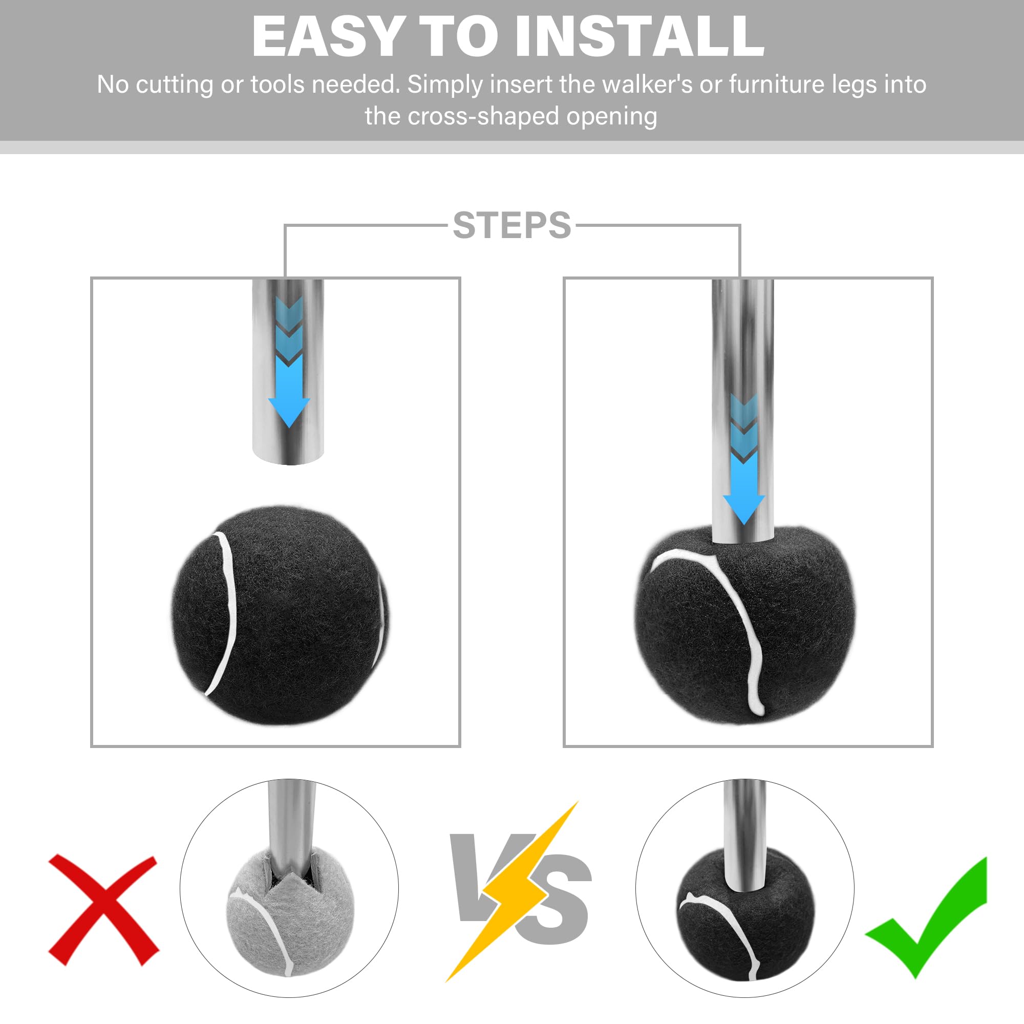 SPRING SEAON Precut Tennis Balls 4 Pcs for Walker Legs- Universal Glide Balls for Folding Rolling Walkers, Walker Accessories,Furniture Legs and Floor Protection Heavy Duty Felt Pad Coverings (Black) - Image 4