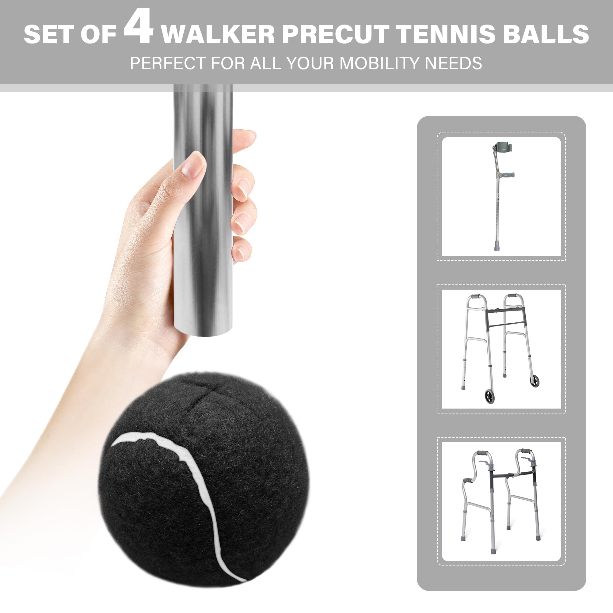SPRING SEAON Precut Tennis Balls 4 Pcs for Walker Legs- Universal Glide Balls for Folding Rolling Walkers, Walker Accessories,Furniture Legs and Floor Protection Heavy Duty Felt Pad Coverings (Black) - Image 5
