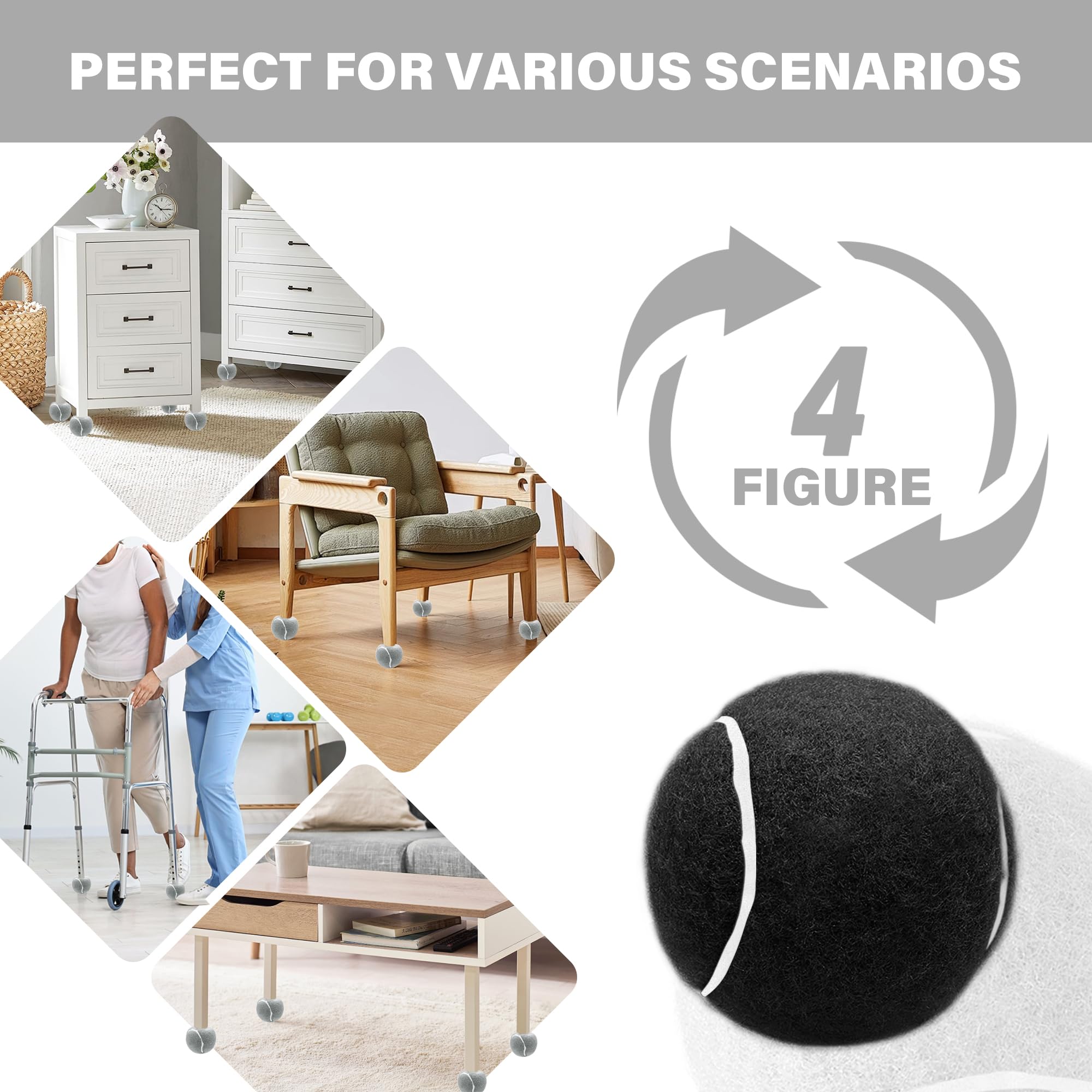 SPRING SEAON Precut Tennis Balls 4 Pcs for Walker Legs- Universal Glide Balls for Folding Rolling Walkers, Walker Accessories,Furniture Legs and Floor Protection Heavy Duty Felt Pad Coverings (Black) - Image 7