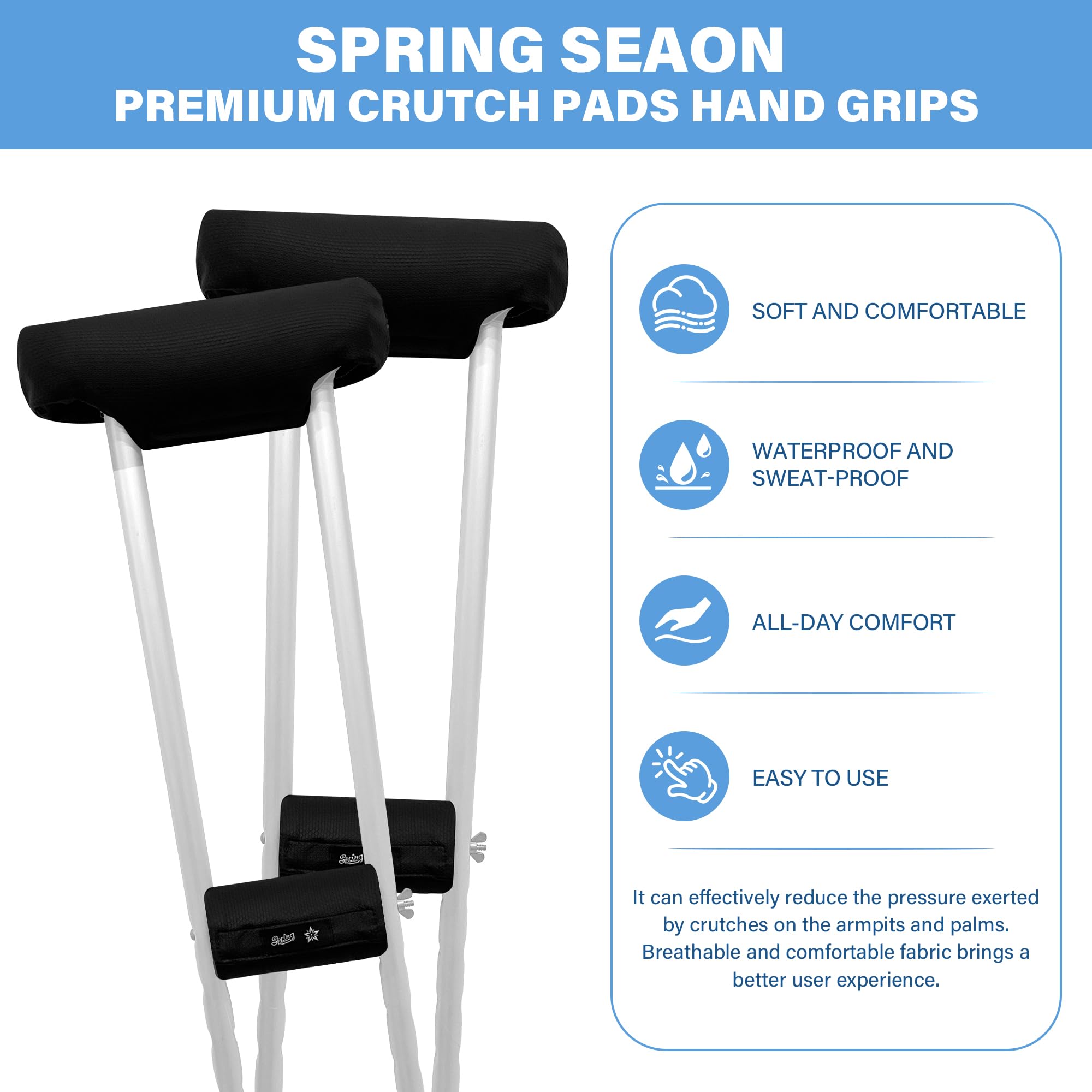 SPRING SEAON Premium Crutches Padding PU Leather Fabric Crutch Underarm Pad and Hand Grip Covers-Comfortable, Waterproof and Sweat-proof Crutches Accessories Crutch Pads for Adult & Youth - Image 3