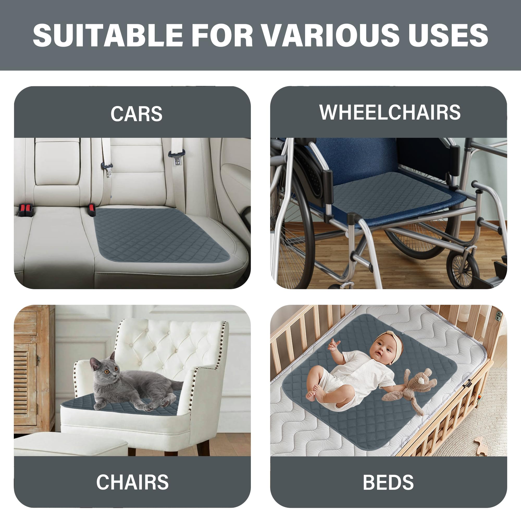 SPRING SEAON Waterproof Chair Pads for Incontinence 22"x21" – Thickened Washable Reusable Seat Protector, Non-Slip Absorbent Pad for Adults, Seniors, Wheelchair, Recliner, Car Seat & Bed(Gray, 1 Pack) - Image 6
