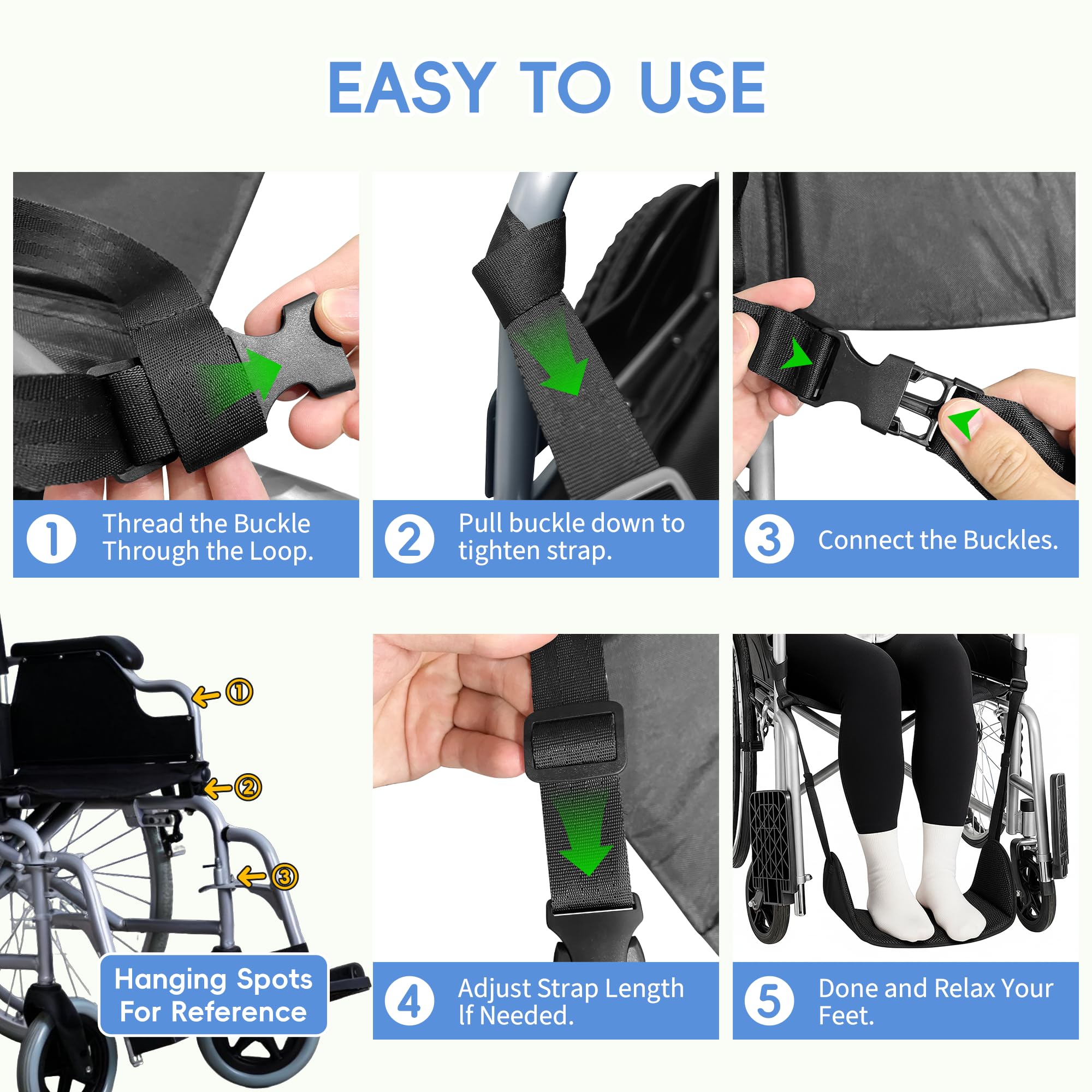 SPRING SEAON Wheelchair Foot Rest Hammock, Adjustable Leg Support Foot Sling with Soft Padded Base, Anti-Squeeze Footrest Replacement for Wheelchairs, Essential Wheelchair Accessories (Black) - Image 6