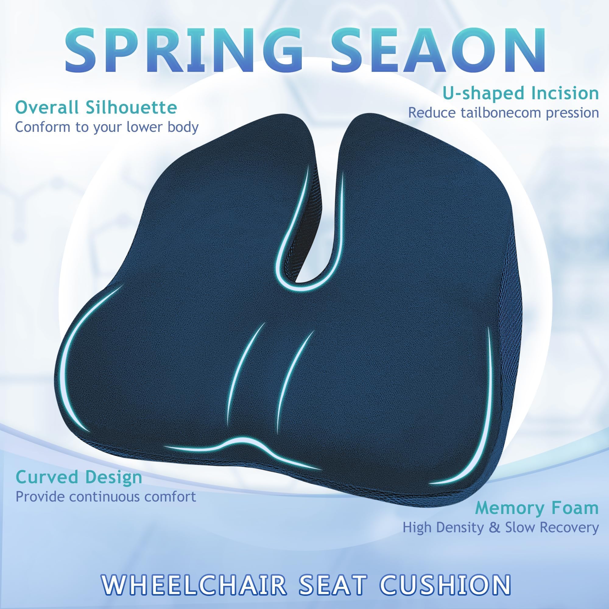 SPRING SEAON Wheelchair Seat Cushion Cool Fabric,Ergonomic Memory Foam Chair Pad for Pressure Relief, Sciatica, and Tailbone Pain,Rubber Non-Slip Bottom & Removable for Easy Cleaning - Image 3